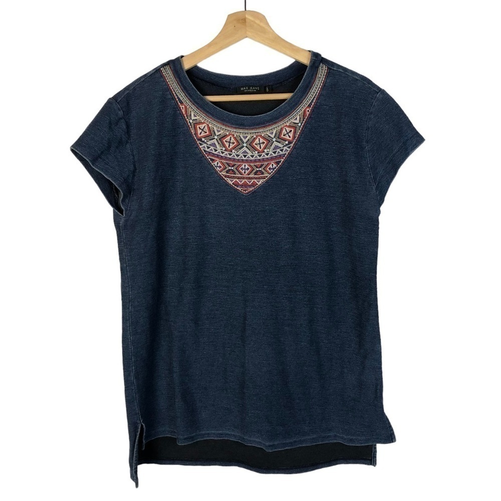 Max Jeans Indigo Blue Embroidered Collar Short‎ Sleeve Top S